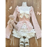 Tineit Sweet Fungus Long Sleeve Cardigan Tops+ Sexy Slim Fit Bow White Vest+ High Waist Ruched Lace Cake Skirts Three Piece Sets