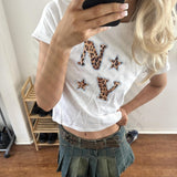 Tineit Y2k Crop Top Harajuku Aesthetic leopard print letter EMO Girl Summer Vintage ShortSleeve Graphic kpop Kawaii Baby Tee Streetwear