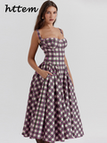 Tineit Sexy Plaid Print Sling Dress Women Elegant Patchwork Sleeveless Backless Pleated Female Maxi Dresses 2024 Summer Chic Lady Robes