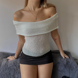 Tineit Y2K fashion Women Fashion short-sleeved one-shoulder knit sweater T-shirt folded waist shorts slim fit crop top flirty clothing