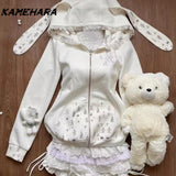 Tineit Sweet Girl Cute Hooded Ear Set Lace Up Hoodie Jacket Fashionable High Waisted Cake Skirt Spring Autumn Y2k 2 Piece Set