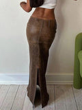 Tineit Vintage Brown Back Slit Low Waist Leather Maxi Skirt