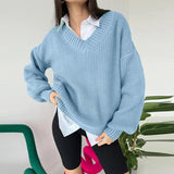 thanksgiving outfit Tineit Casual Knitted V-neck Sweaters Women Vintage Loose Solid Thin Pullover Sweater Female Autumn Soft Chic Daily Street Outwear