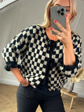 Tineit Plaid Lace Up Bow Female Cardigan Flare Sleeve O Neck Women Sweater 2025 Autumn Fashion Casual Loose Elegant Knit Lady Top