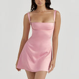 Tineit Pink Square Neck Satin Mini Dress