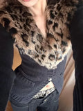 Tineit Leopard Cardigan Women Japanese Gyaru V-neck Long Sleeve Streetwear Slim Sexy Cardigan Sweater Y2k Vintage Top Autuam