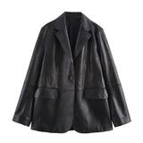 Tineit Elegant Black Blazer Coat Women Single Breasted PU Leather Loose Long Sleeve Pocket Suit Jacket Female 2025 Spring Notched Tops