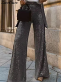 Tineit Silver Sequines Jacket Pant Sets Women Long Sleeve Loose Coats Wide Leg Pants Suits 2 Pieces 2025 Autumn Street Party Lady Set