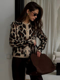 Tineit Leopard Print Knitted Cardigans Women O-neck Soft Single Breasted Loose 2025 Winter Sweater Female Fashion Chic Long Sleeve Coat