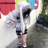 Tineit Japanese Abitu Ear Hooded Hoodies Spring Design Fur Collar Loose Design Niche Plush Cardigan Top Female Clothing 방수자켓