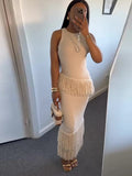 Tineit Elegant Tassel Skirt 2 Piece Set Women Irregular  O-neck Sleeveless Vest High Waist Wrap Hip Skirts 2024 Summer Lady Chic Outfit