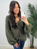 Tineit Lace Up Leopard Print Heart Cardigan Women Patchwork Contrast Color Fashion Knitted Loose V-neck Sweaters 2025 Autumn Chic Coat