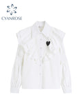 christmas outfit Tineit Fashion Vintage Shirt Women Tops 2025 New Blouse Sweet Autumn Tiered Ruffles Auricular Edge Heart-shaped Bubble Sleeve White Top