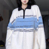 Tineit 2024 Fall Fashion Half Zip Striped Fuzzy Oversized Sweater