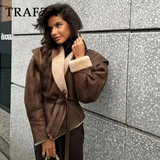 cold weather outfits Tineit 2024 Autumn Winter Vintage Women Lace Up Jackets Fashion Streetwear Thick Solid Turn-down Collar Chic Ladies Short Coats