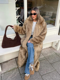 Tineit Fashion Oversized Lapel Collar Faux Fur Long Coat For Women Chic Long Sleeve Thick Warm Fluffy Jacket 2025 Lady High Streetwear