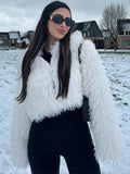 Tineit White Short Faux Fur Coat Women Fashion Loose Turn-down Collar Furry Long Sleeve Outerwear jacket 2025 Autumn Plush Overcoats