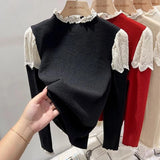 thanksgiving outfit Tineit Lace Patchwork Knitted Sweater Women Chic Elegant Stand-Collar Fall Winter Tops Solid Ruffled Long-Sleeve Sweet Jumpers Pullover