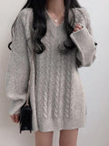 Tineit Solid Color V Neck Cable Knit Sweater