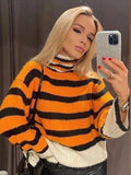 Tineit Striped Knitted Contrast Color Sweater Women Turtleneck Knitted Loose Long Sleeve Pullover Tops Female 2025 Winter Chic Jumper