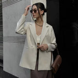 Tineit Elegant Solid Women's Suit Coat Loose Lapel Long Sleeve One Button Shoulder Pads Female Jackets 2024 Autumn Lady Commute Outwear