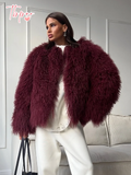 Tineit New Fashion Burgundy Oversized Fluffy Faux Fur Coat 2024 Chic Women O-neck Long Sleeved Warm Jacket Winter Lady Loose Streetwear