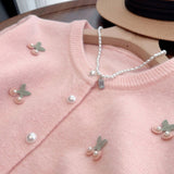 thanksgiving outfit Tineit Sweet Knitted Cardigan Women Pink 3D Chelsea Pearl Button O-Neck Chic Sweater Fashion Pretty Style Gentle Korean Tops