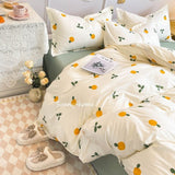 Tineit Ins Style Duvet Cover Set with Flat Sheet Pillowcases Cute Orange Cherry Crow Printed Single Double Queen Size Girls Bedding Kit