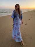 Tineit Loose Striped Print linen Maxi Dress Women Fashion V-neck Lantern Sleeve Female Holiday Dresses 2024 Summer Lady Beach Robes New