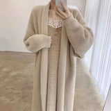 thanksgiving outfit Tineit Y2k Autumn Knit Long Cardigan Sweaters Women Korean Elegant Baggy soft V Neck Hairy Tops Fashion Solid All Match Midi Jackets