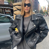 Tineit Faux Leather Solid Women Jacket Lapel Loose Zippers Female Coat 2025 Autumn Winter High Street Pocket Oversize Lady Outwear