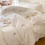 Tineit 3pcs Rose Embroidered Duvet Cover Set (1*Duvet Cover + 2*Pillowcase, Without Core), Princess Style Lace Bedding Set