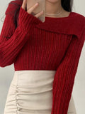 Tineit Solid Lapel Neck Slim Knit Sweater