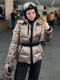 Tineit Cotton Padded Thicken Coats With Belt Women Hooded Full Sleeve Zipper Pocket Jacket Female 2025 Winter Warm Skiing Outwear Tops