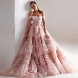 Tineit Light Pink Ball Gown Evening Dress Sweet Tulle Sweep Train Prom Dress 2025 Off Shoulder Party Dress  فساتين مناسبة رسمية-(PRE-ORDER)