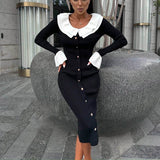 Tineit Sexy Knit Flare Sleeve Panelled Dress Women Slim Doll Collar Single Breasted Hip Package Dresess 2024 Autumn Lady Elegant Robes