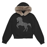 Tineit Women's Furry Hooded Jacket Y2k Hoodies Heavy Diamond Zipper Coat Streetwear Thicked Casual Fashion Sweatshirts Ropa Mujer 2025