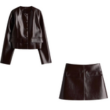 Tineit Fashion Short Leather Jacket Skirt Set Women O-neck Single Breasted Jackets Sexy Mini Skirts 2024 Autumn Lady Locomotive Outfits