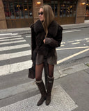 Tineit Vintage Brown Faux Fur Collar Suede Short Jacket For Women Fashion Lace Up Long Sleeve Cropped Coat Retro Female 2024 Streetwear