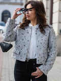 Tineit Fashion Silver Sequins Autumn Winter Jacket Woman Elegant O-Neck Long Sleeves Cropped Coats Female Casual Open Front Outerwear