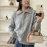 Tineit Knitted Furry Cardigans Women Single Breasted Turn-down Collar Loose Casual Sweater 2025 Autumn Casual Long Sleeve Coat Tops