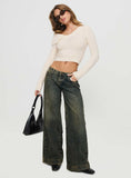 Tineit-Ribbon Stamp Wide Leg Jeans Antique Wash