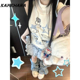 Tineit Summer Hot Girl Y2K Subcultural Tank Top Hooded Dog Coat Top Millennium Hot Girl Puff Cake Half Skirt Two Piece Set