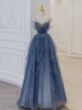 Tineit Gray blue tulle sequin beads long prom dress, blue evening dress BD  (PRE-ORDER)