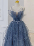 Tineit Gray blue tulle sequin beads long prom dress, blue evening dress BD  (PRE-ORDER)