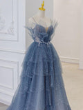 Tineit Gray blue tulle sequin beads long prom dress, blue evening dress BD  (PRE-ORDER)