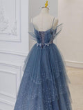 Tineit Gray blue tulle sequin beads long prom dress, blue evening dress BD  (PRE-ORDER)