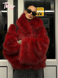 Tineit 2025 Red Chic Hooded Warm Faux Fur Women's Short Coat Fashion Thicken Loose Long Sleeve Fluffy Jackets Christmas Lady Streetwear