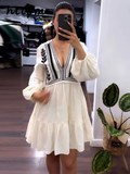 Tineit Embroidery Printed Patchwork Mini Dress Women V-neck Long Lantern Sleeve Female Patry Dress 2024 Summer Retro Lady Beach Vestido