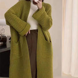 thanksgiving outfit Tineit Casual Knitted Hollow Out Long Cardigan Women Korean Loose Solid Oversize Pockets Knitwear Autumn Soft Chic Elegant Outwear